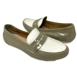 Cole Haan Monroe Patent Leather Two-Tone Taupe & White Penny Loafers - Size 8